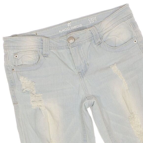 Almost Famous Crop Jeans Size 7 Juniors Roll Cuff Distressed Blue Measures 30x18 - Picture 2 of 10